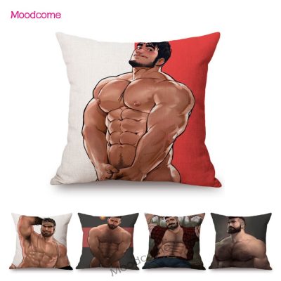 Sexy Handsome Hunk Boy Man Cartoon Gym Aesthetics Body Builder Hot Muscle Art Sofa Throw Pillow Case Cotton Linen Cushion Cover 1